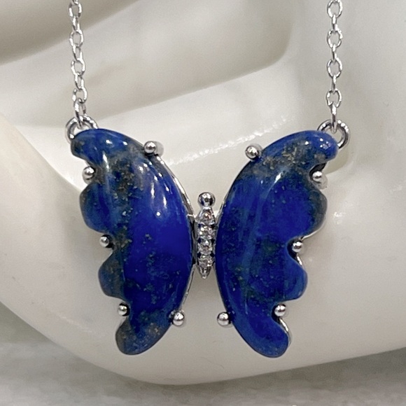 Lapis Lazuli White Zircon Sterling Silver Butterfly Pendant Necklace